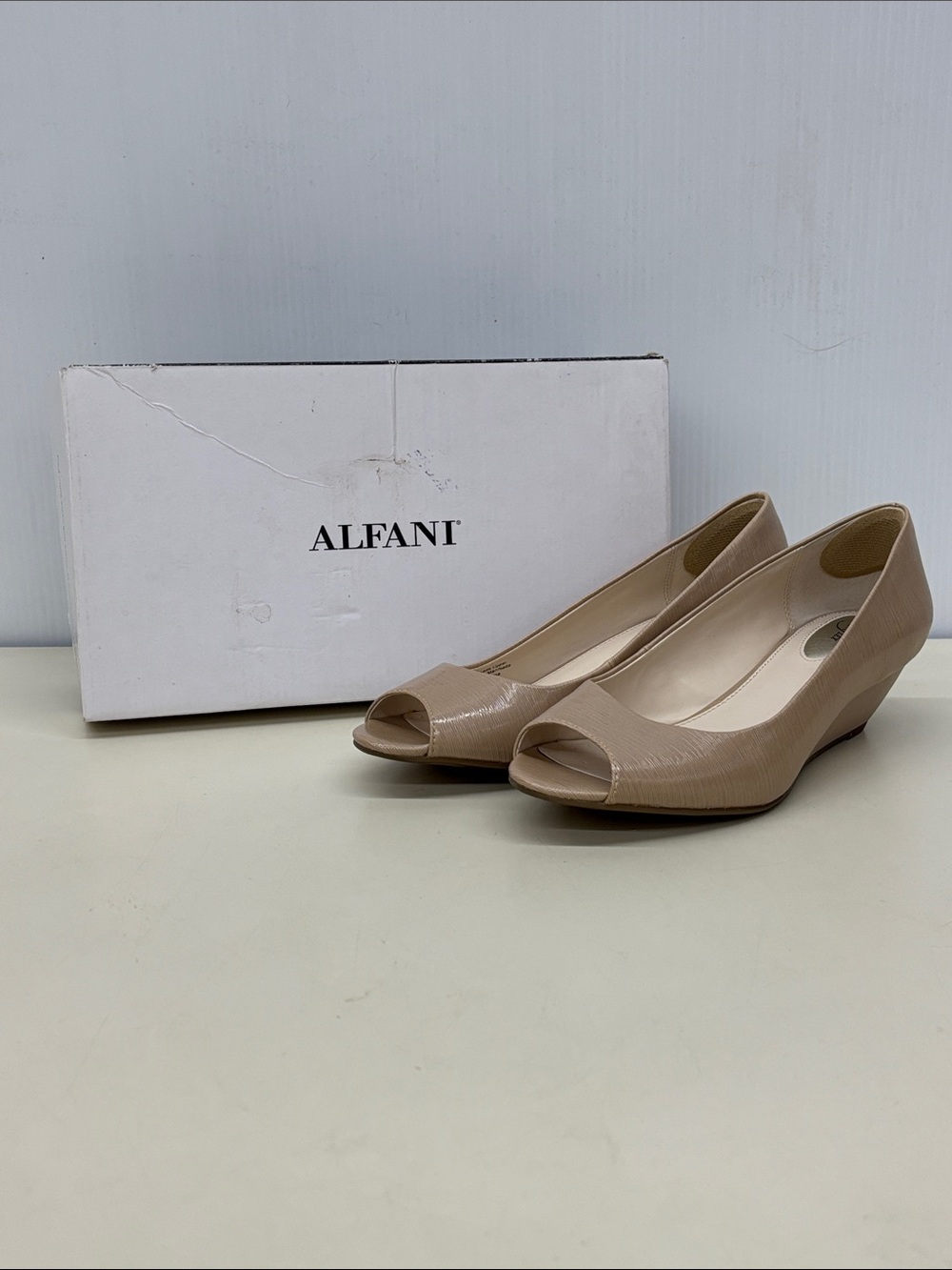 Alfani Beige Peep-Toe Low Wedge Pumps